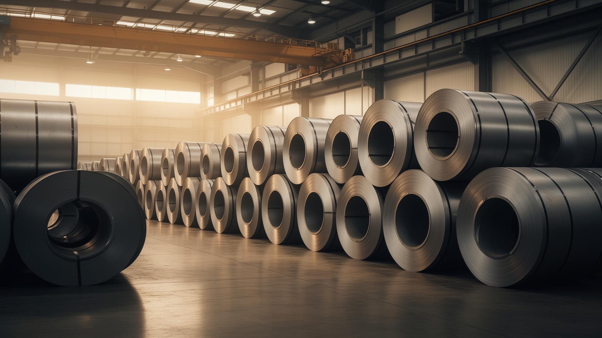 Bobinas de aço em armazém industrial